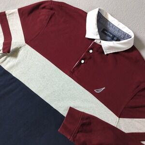 Nautica Long Sleeve Rugby Shirt Colorblock Polo Mens XL Burgundy Gray Navy